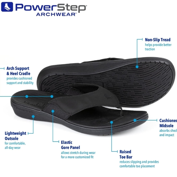 PowerStep Mens Archwear Solid Black Flip Flops Size 8 - Picture 2 of 7